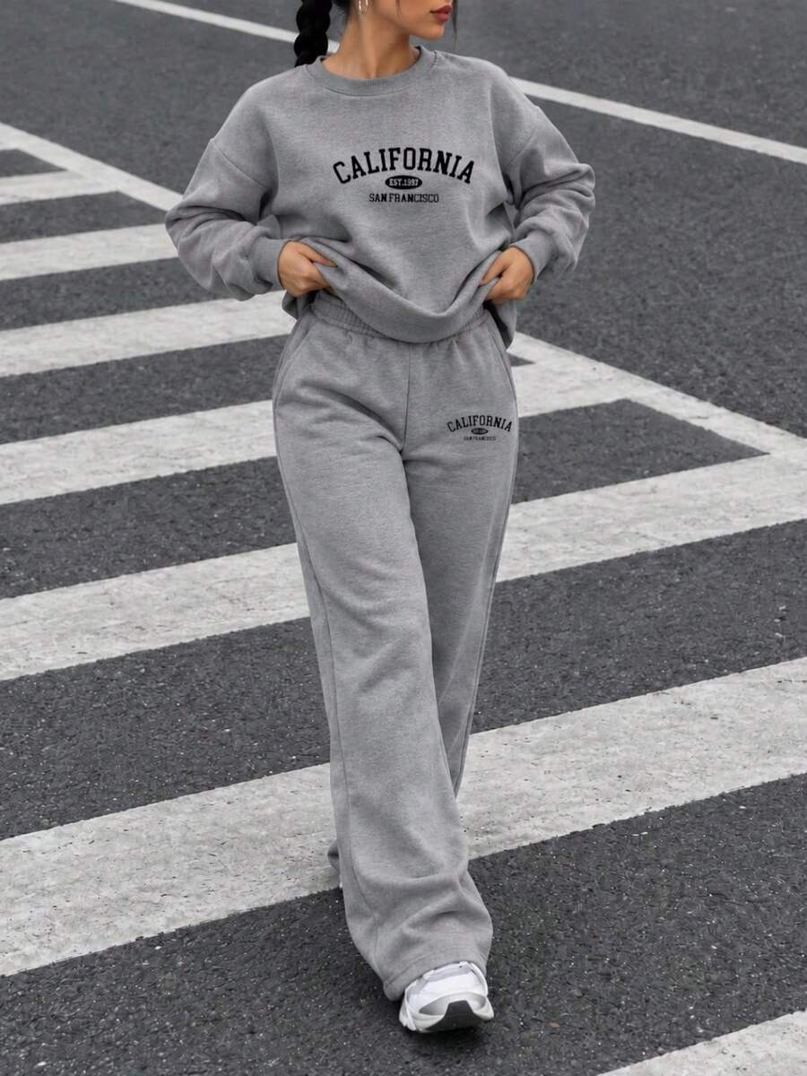 Conjunto Deportivo Mujer 2 Piezas, Sudadera Holgada Cuello Redondo Manga Larga y Pantalón Amplio Cintura Elástica, Estampado California, Ropa Casual Cómoda para Invierno y Uso Diario - Gris - Ver 1