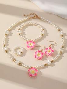 5pcs/Set Girls Plumeria Pearl Jewelry Set, Gentle Vacation Style Necklace, Earrings, Bracelet, Ring Set Combination - Multicolor - View 12