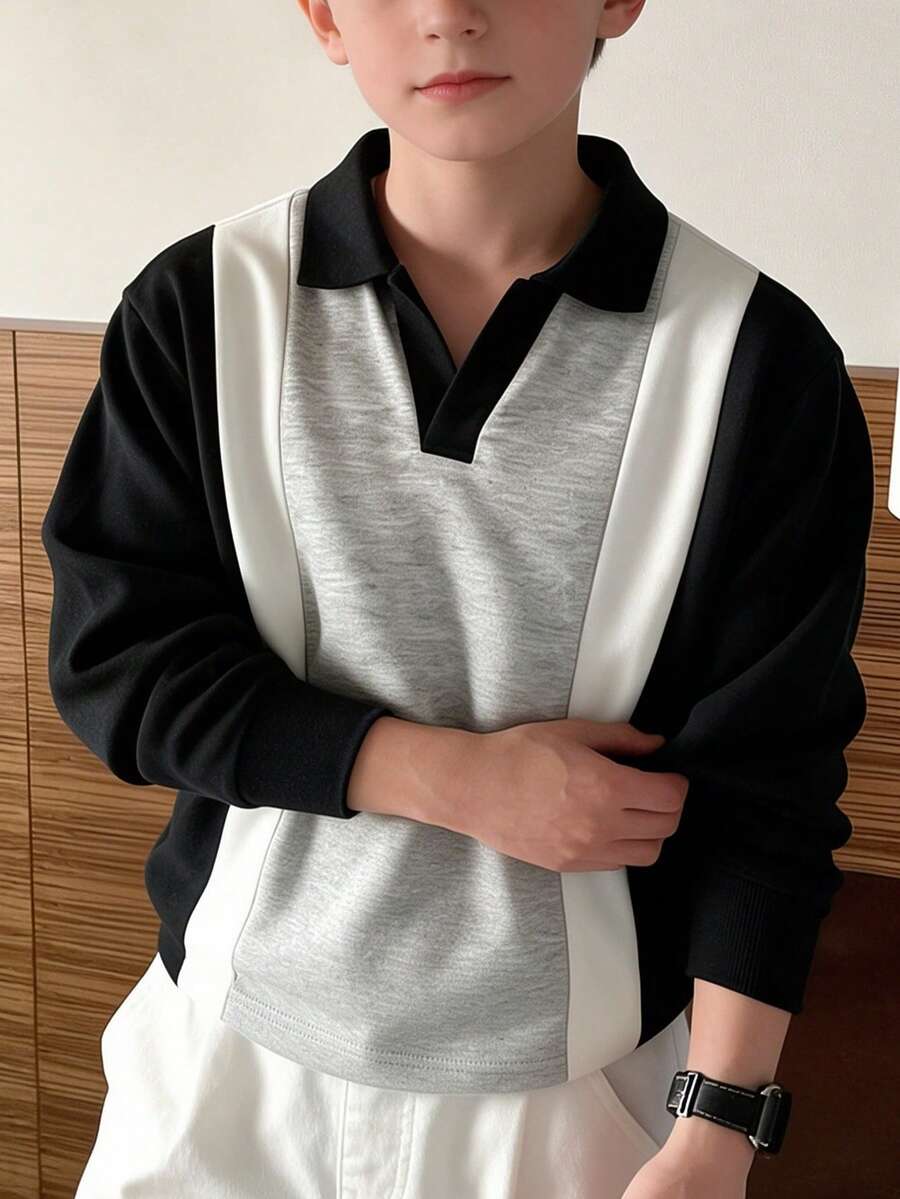 Big Boys Colorblock Turn Collar Sweatshirt, Long Sleeve V-Neck Slit Loose Casual Autumn Pullover Top, Everyday Wear - Black - View 1