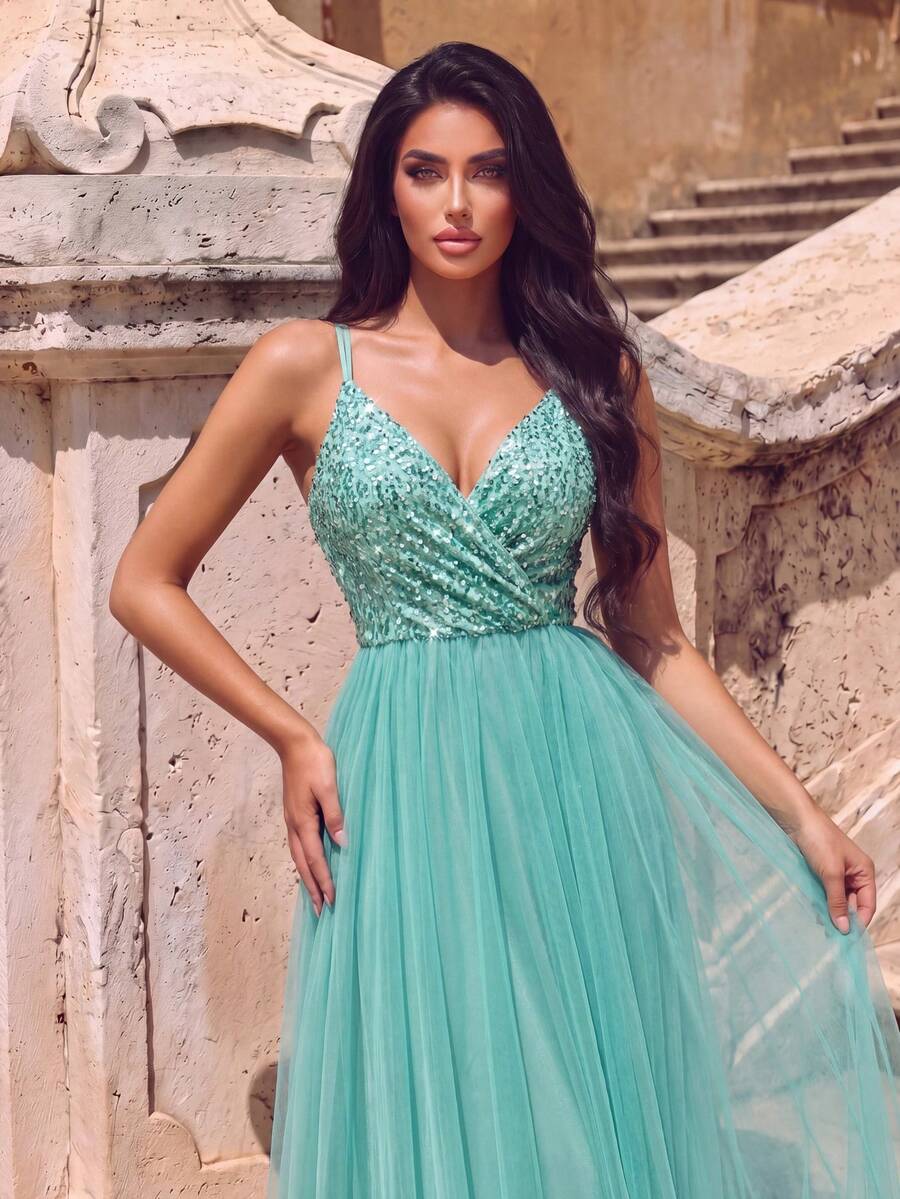 Elegant Green Sequin Tulle Spaghetti Strap V-Neck Tie Back Open Back A-Line Maxi Evening Gown For Women - Mint Green - View 1