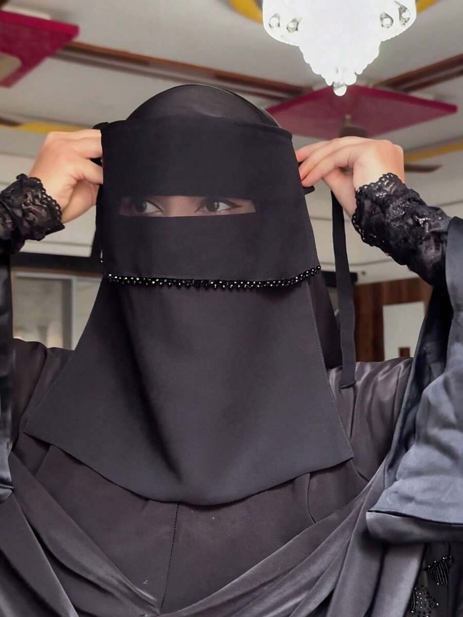 1件新款女款黑色珠飾飾邊尼卡布全遮面面紗，繫帶式阿拉伯面罩，搭配希賈布的理想配件