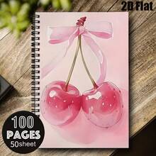 Cute Cherry Pattern Spiral Notebook, Pink Background With Red Cherries And Bows, Kawaii Pastel Aesthetic Stationery For School Office Gift - One Book (50 Pages, 100 Pages) - View 7