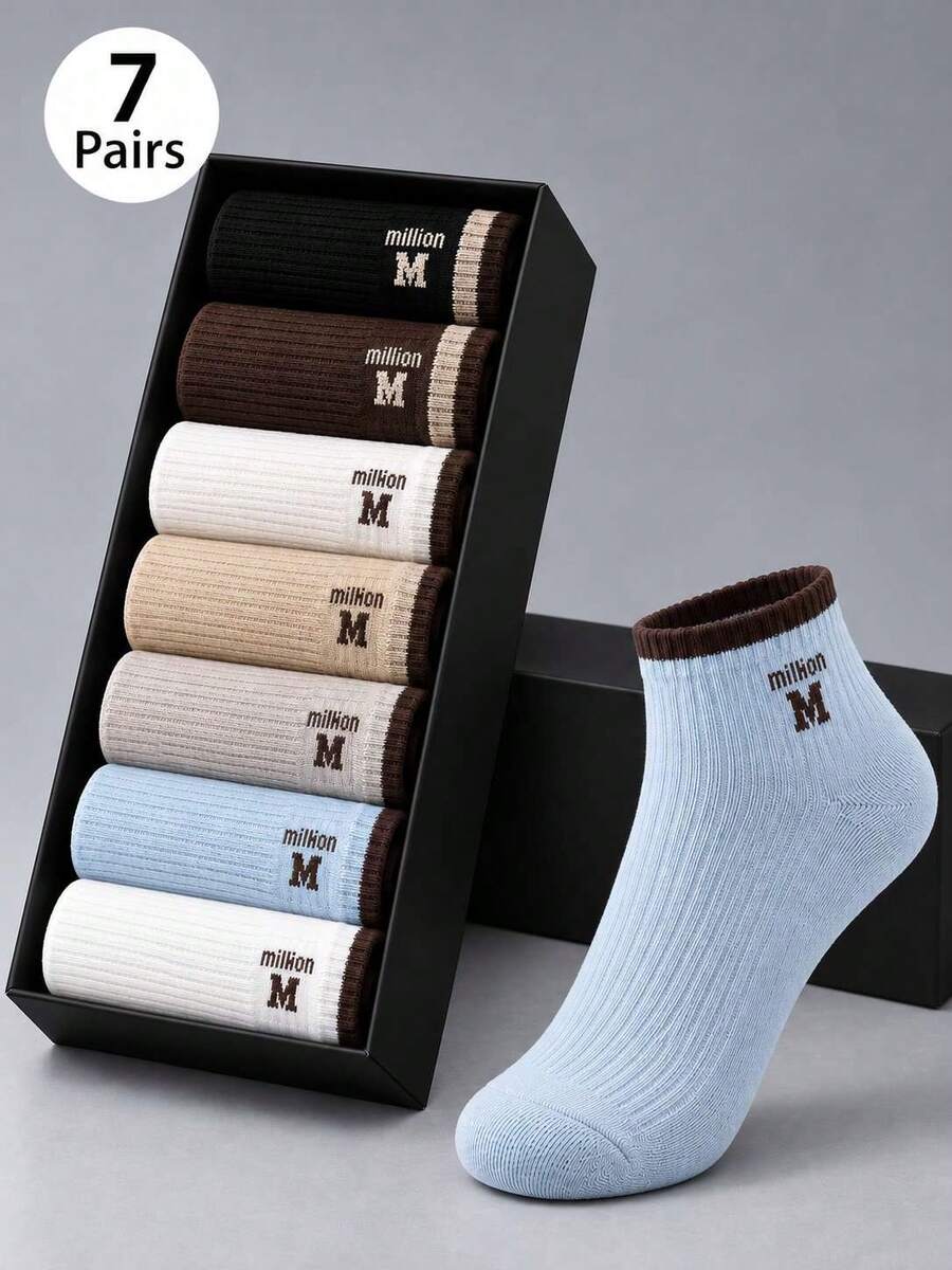 7 Pasang Kaos Kaki Pendek Motif Huruf Warna Polos Lucu 168N yang Dipersonalisasi (Pengiriman Acak) - MultiWarna - View 1