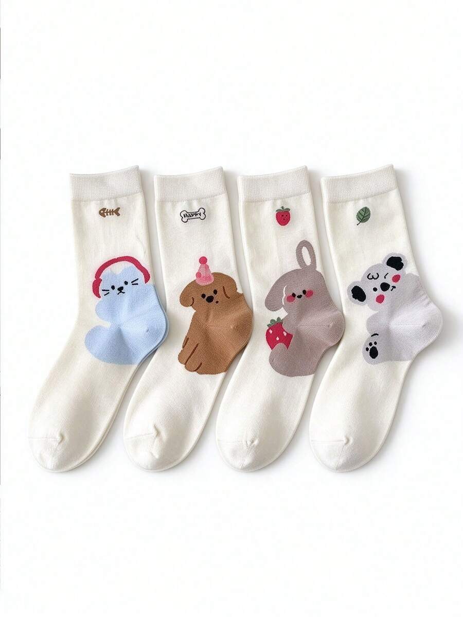 4 Pairs Women's Cartoon Illustration Socks, Autumn/Winter Mid-Calf ...