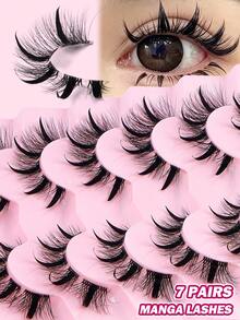 MAANGE 5/7 Pairs Natural Style Mixed-Feel False Eyelashes, Transparent Stem Thick Tail Camellia Cartoon Design, Japanese & Korean Style Cosplay Eyelashes, Women's Gift - Multicolor - View 12