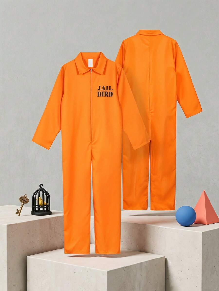 Bright Orange Prisoner Jumpsuit With Front Zipper, Suitable For Halloween, Easter, Role-Playing Parties, Made Of Non-Stretch Fabric, Suitable For Theme Events And Prison Role-Play, Easy To Clean, Simple Design, Comfortable Fit - Orange - View 1