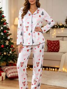 2pcs Women's Christmas Holiday Party Pajama Set, V-Neck Long Sleeve Pullover Top And Comfortable Pants, Frill Trim Design, Outdoor Wearable, Christmas Tree & Reindeer Print Design, All Season Wear - White - View 7