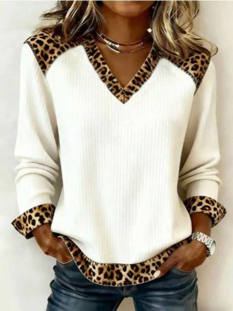 Women's Plus Size Patchwork Leopard Print V-Neck Knit Long Sleeve Top ...