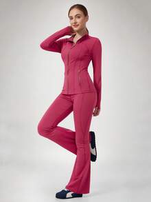 NcmRyu One Set Women's Small Stand Collar Zipper Dual Side Pockets Waist-Cinching Fitted Soft Long Sleeve Jacket Comfortable Flared Pants Sports Set - Hot Pink - View 9