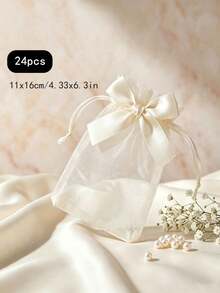 12-24 Ivory Organza Gift Bags With Satin Drawstring Bows, Mesh Gift Bags For Weddings, Bridal Showers, Birthday Parties, Candy, Chocolate, Jewelry Packaging, Cosmetics, Bulk Jewelry Packaging - Milky White - View 7