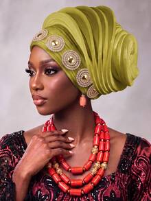 1pc Women Luxury Auto Gele African Turban Gold Rhinestone Decor Layered Headwrap, Ready To Wear Nigerian Wedding Party Headpiece - Multicolor - View 6