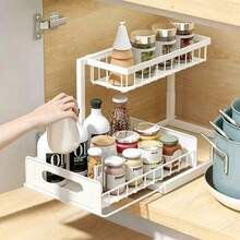 1pc 2-Tier Pull-Out Under Sink Storage Rack, Sliding Drawer Cabinet Organizer, Suitable For Kitchen Bathroom Closet Cabinet, Multi-Functional Cabinet Organizer, Space-Saving Adjustable Rust-Proof Heavy-Duty Easy Assembly Home Storage Solution - White - View 3