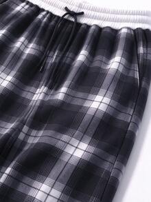Women's Spring/Autumn Black & White Plaid Drawstring Elastic Waist Wide Leg Lounge Pants With Pockets, Loose Slouchy Jogger Pants, Workout Pants, Fall Clothes For Women - Black - View 8