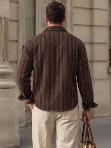 Men Fall Vertical Stripe Long Sleeve Button Down Shirt, Relaxed Lapel Elegant Casual Top For Holiday Festival Daily Wear - Coffee Brown - View 2