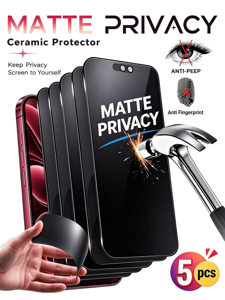 MSRI 5pcs - Ceramic Matte Privacy Screen Protector, Upgraded Matte Frost Finish, Side Anti-Peeping Privacy Protection, Reinforced Anti-Scratch Layer Wear-Resistant And Durable, Long-Lasting Fingerprint And Sweat Resistance, Smooth Matte Touch, High Flexibility Bendable Without Cracking, Full Screen Coverage And Tight Fit, No Lifting Edges, Compatible With IPhone Duo/18 Pro Max/18 Pro/18/17e/17 Pro Max/17 Pro/17 Air/17/16 Pro Max/16 Pro/16 Plus/16/15 Pro Max/15/14/13/12 And Other Models.