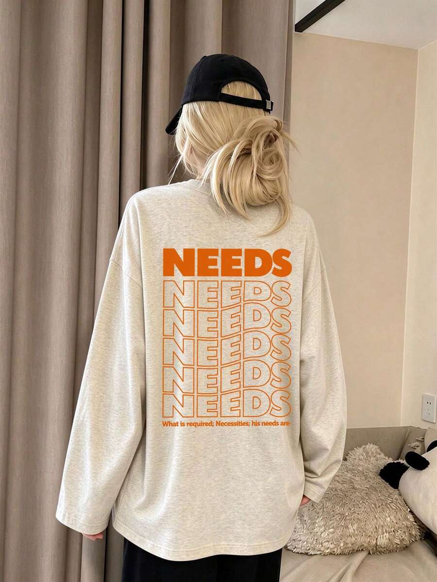 女款時尚秋冬寬鬆圓領休閒百搭字母印花長袖T恤 - 淺花灰 - 查看 1