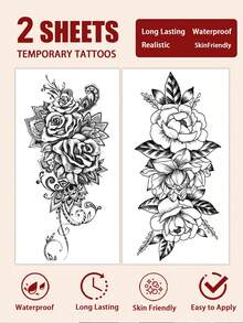 2pcs Black Floral Rose Temporary Tattoo Stickers, Lace Pattern Flower Print Fake Tattoos, Scrollwork Gothic Style Temporary Tattoo Stickers, Waterproof And Sweatproof, Washable, Non-Reflective, Mimics Tattoo Effect On Arms, Legs, Shoulders, Chest, Back, Suitable For Fashion-Forward People, Lasts 3-5 Days - Black - View 4