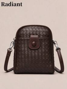 Women Crossbody Bag Mini Phone Bag Weave Pattern Faux Leather With Snap Button Detail Multi Pocket Function Retro Style For Autumn Winter Daily Wear - Coffee - View 1