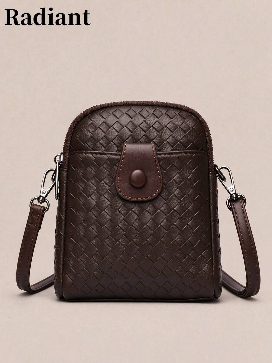 Women Crossbody Bag Mini Phone Bag Weave Pattern Faux Leather With Snap Button Detail Multi Pocket Function Retro Style For Autumn Winter Daily Wear - Coffee - View 1
