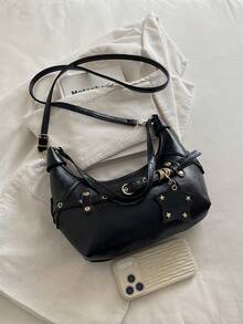 New Y2K Style Rivet Crescent Moon Bag, Horn Bag With Star Pendant, Vintage Underarm Bag For Women, Crossbody - Black - View 6