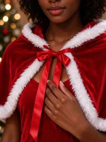 1pc Cute Christmas Gift For Bestie, Velvet Fur Trim Cape, Holiday Party Cloak Shawl - Multicolor - View 3