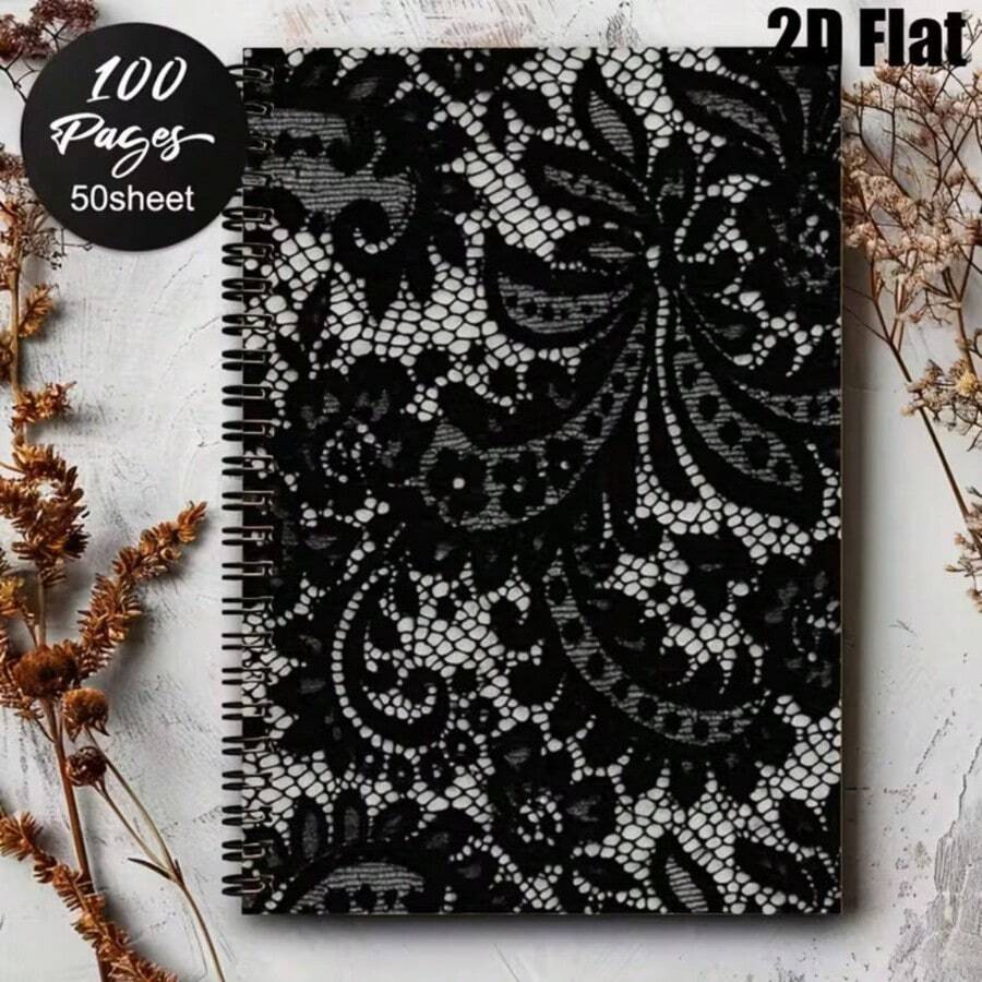 2D Flat Spiral Notebooks A5 Size 1pc Vintage Black Lace Printed Pattern Cover Spiral Coil Notebook, 100 Pages Total, Suitable For Daily Journaling, Office Notes, Class Notes, And More - Perfect Gift Choice, Artistic Cover Design, Multifunctional - 1 Pack (50 Sheets, 100 Pages) - View 1