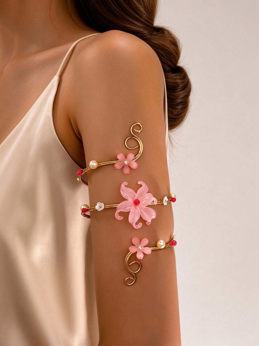1pc Bohemian Floral Butterfly Arm Cuff Open Bangle Beach Vacation Body Accessory - Baby Pink - View 1