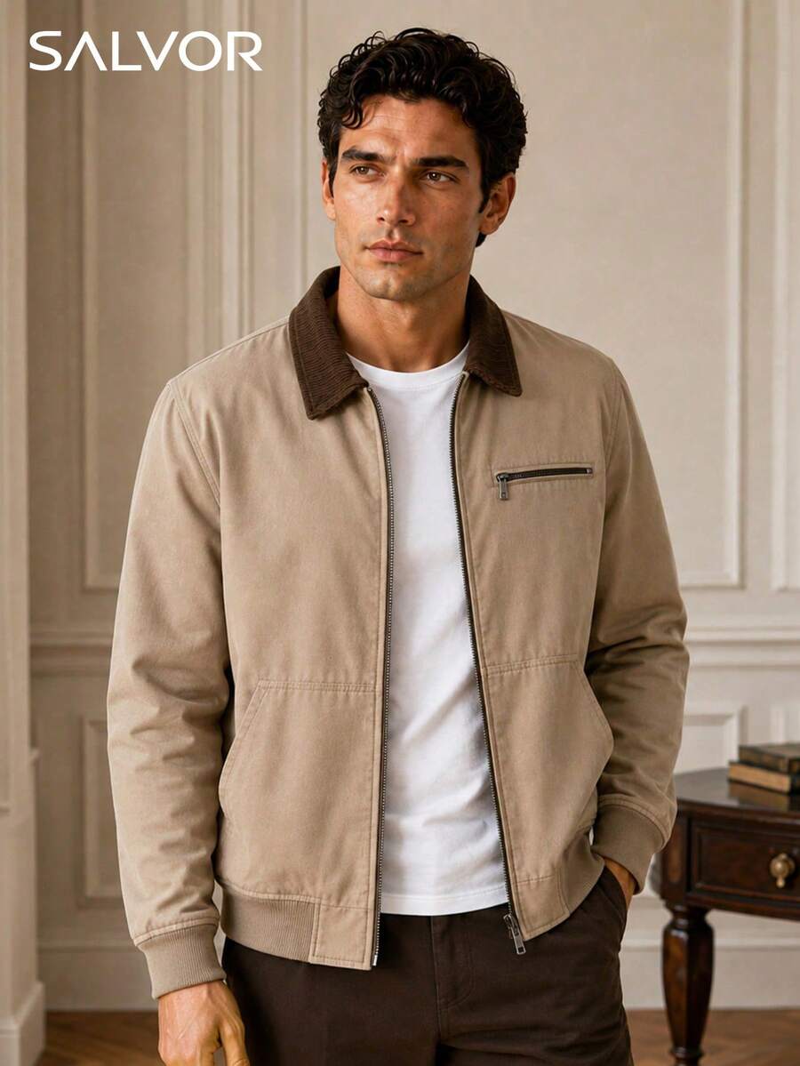 1pc Khaki Lapel Men's Jacket, Full Zip With Elastic Cuffs, Loose ...