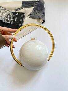 Women's Evening Clutch, Round Sphere Shape, Marble Texture, Acrylic Material, Large Gold Metal Ring Handle, Suitable For Weddings, Balls, Parties, Banquets - White - View 3