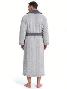 1 buah Jubah Mandi Flanel Tebal Musim Gugur/Dingin, Rajutan Kabel Tumpukan Panjang, Kerah Blok Warna, Jubah Rumah Santai yang Lembut dan Nyaman dengan Desain Kontras, Mewah dan Elegan dengan Dua Kantong untuk Pria - Light Grey - View 3