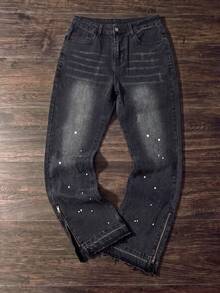 Men's Retro Black & Grey Flared Jeans With Spray Paint Spotted Print, Side Zipper Hem And Frayed Cuffs, Street Casual Pants - Black - View 4