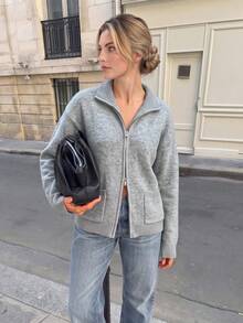 Nicenter Women's Autumn Lapel Casual Loose Drop Shoulder Double Pocket Zippered Wool Blend Sweater, Suitable For Winter Wear, Socializing, And Daily Outings - Grey - View 2