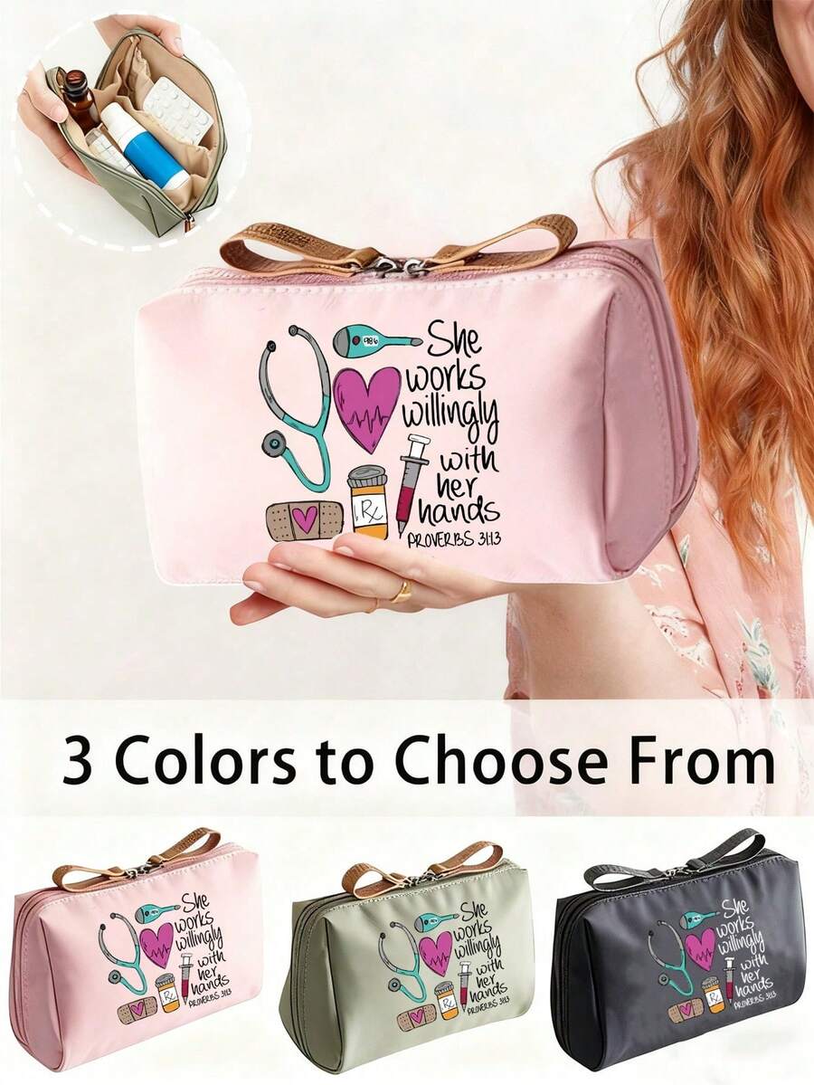 Nurse Themed Portable Medicine Bag, Printed With Stethoscope, Heart, Syringe, Thermometer Patterns, Printed With "She Works Diligently With Her Hands" Text, Compact Pill Storage Box And First Aid Kit, Multi-Functional Medicine Bag, Portable Medical First Aid Kit - Multicolor - View 1