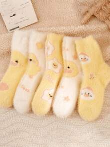 1/2/3/4/5 Pairs Random Color Women's Cute Cartoon Duck Pattern Fluffy Plush Warm Casual Home Mid-Calf Socks - Multicolor - View 1