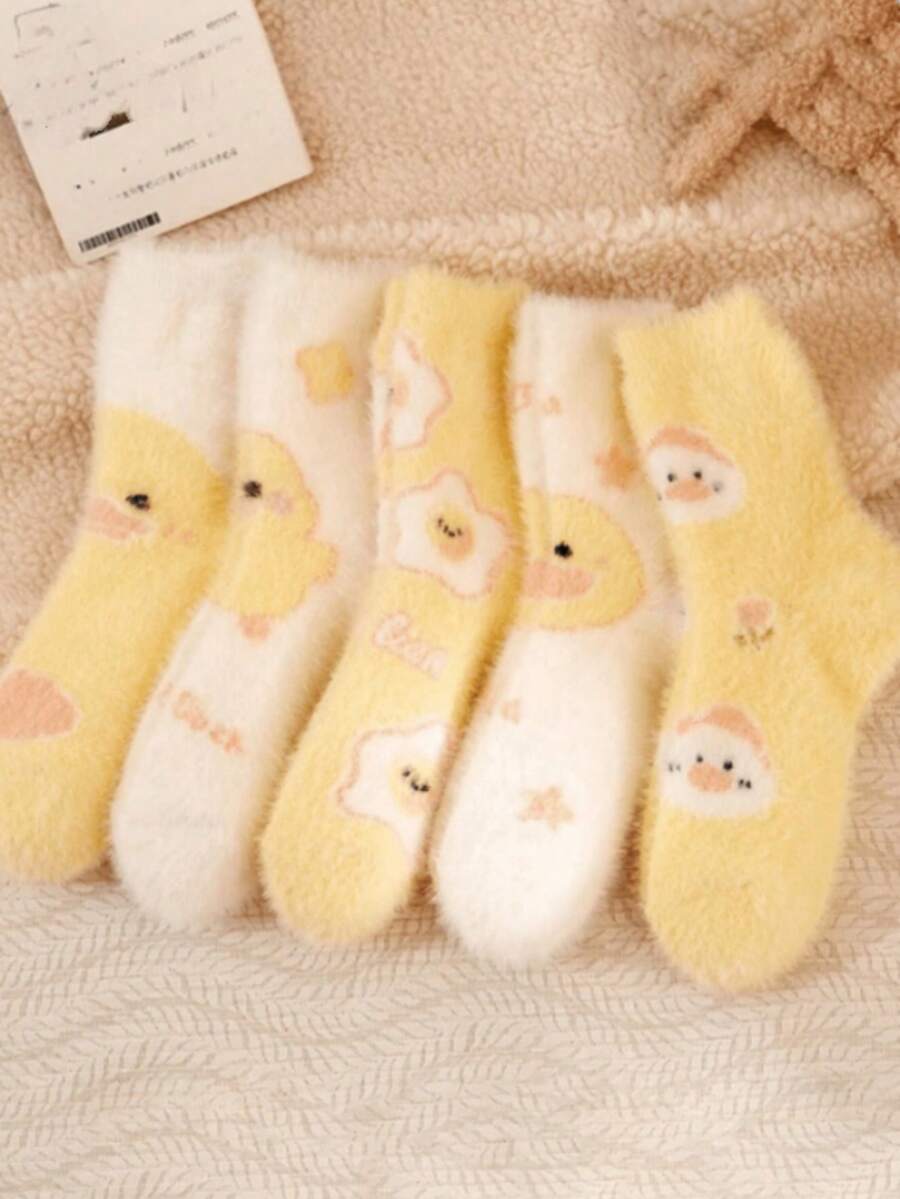 1/2/3/4/5 Pairs Random Color Women's Cute Cartoon Duck Pattern Fluffy Plush Warm Casual Home Mid-Calf Socks - Multicolor - View 1
