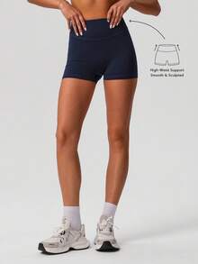 Sodalemon Women's Seamless Casual Butt-Lifting Solid Color Yoga Running Sports Shorts - Navy Blue - View 10
