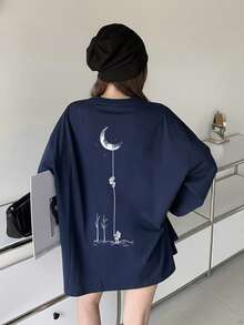 Women's Fashion Autumn/Winter Loose Minimalist Versatile Moon Print Long Sleeve T-Shirt - Navy Blue - View 3