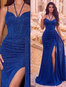 Women's Sequin Long V-Neck Spaghetti Strap Ruched High Slit Side Hem Mermaid Evening Gown Party Dress - Royal Blue - View 1