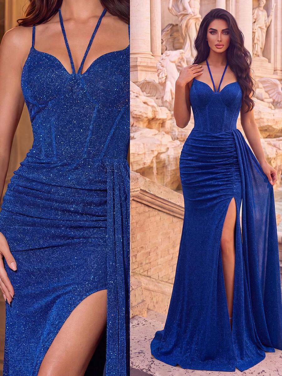 Women's Sequin Long V-Neck Spaghetti Strap Ruched High Slit Side Hem Mermaid Evening Gown Party Dress - Royal Blue - View 1