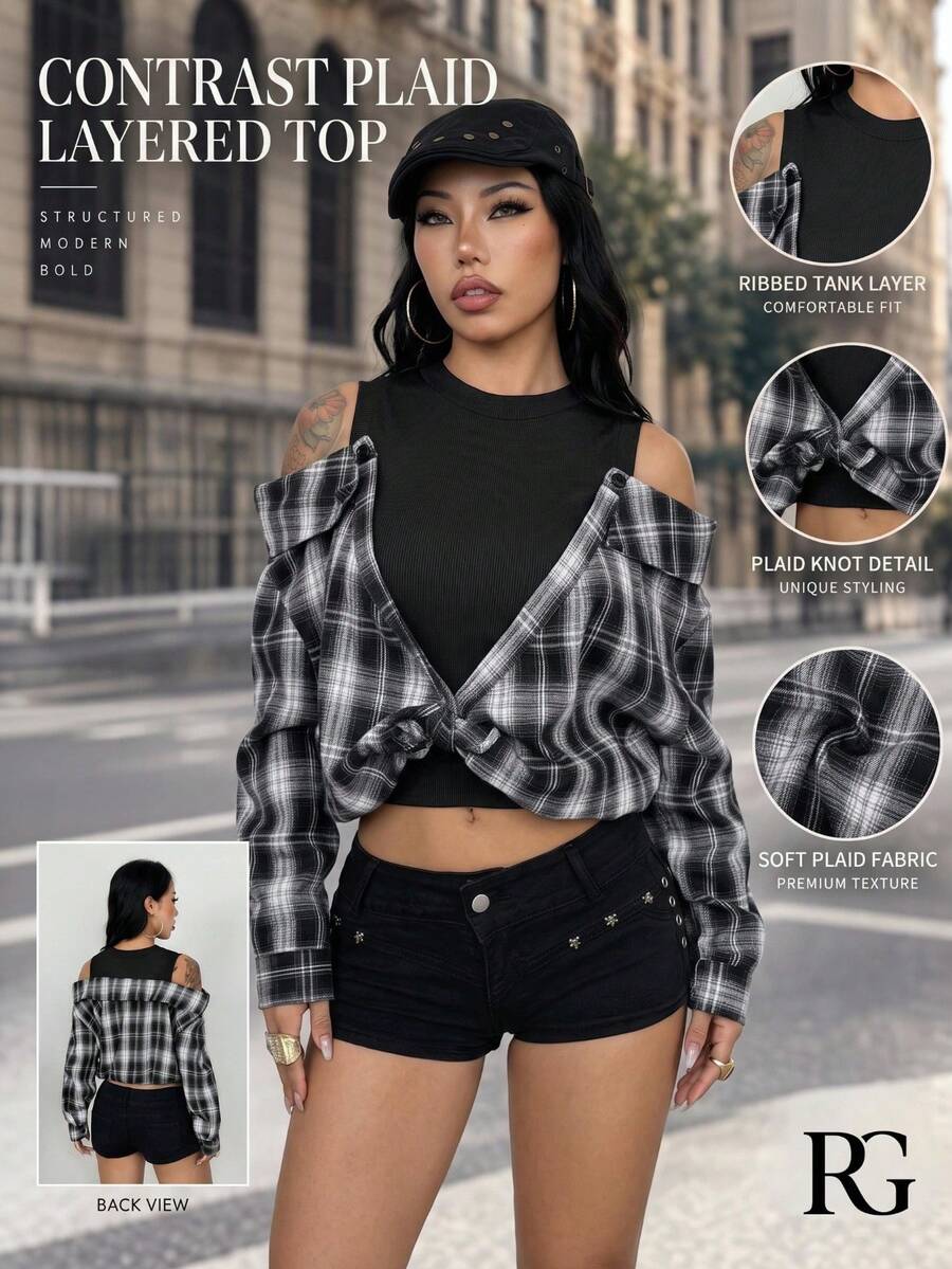 Women's Elegant Fashion Casual Striped Patchwork 2-In-1 Versatile Cold Shoulder Long Sleeve Cuffed Design Minimalist Daily Top Solid Color Striped Woven Fabric Button 2-In-1/Deconstructed Style Vacation Daily Commute Office Home Tea Party Spring Autumn Winter - Black - View 1