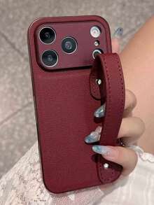 奢華荔枝紋人造皮革腕帶式手機殼 棕色，適用於 iPhone 18 ProMax 18 Pro 18 17 16 15 14 13 Pro Max，優雅柔軟背殼，適合女性 - 酒紅色素皮 - 查看 3