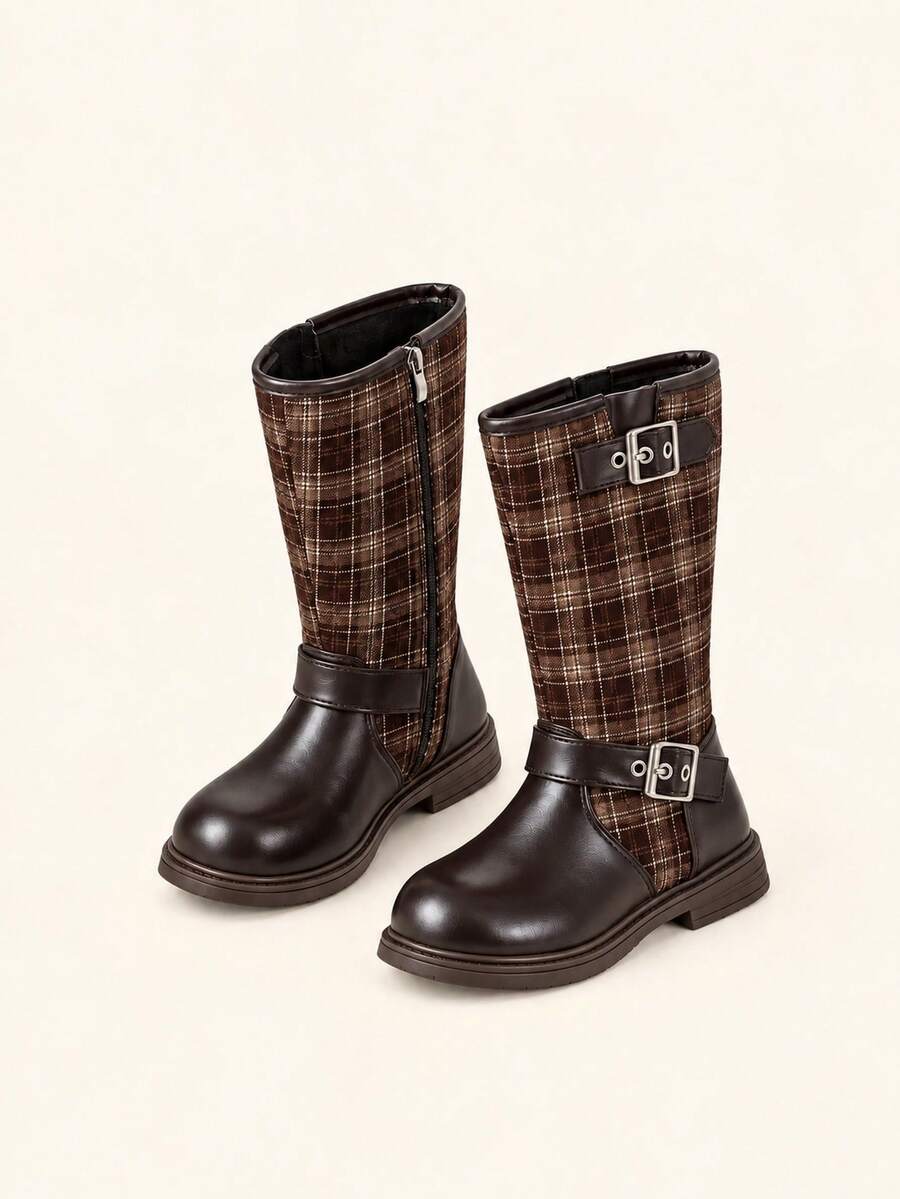 Girls' Black & Brown Plaid Tall Boots, Lightweight Fleece Lining, Double Buckle Decor, Side Zipper, Round Toe, Autumn/Winter - Brown - View 1