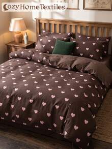 2/3pcs Brown Heart Print Duvet Cover Set, Bedding Set, Comfortable & Breathable, Lightweight, Anti-Pilling/Machine Washable, Room Decor, Bedroom Decor, Dorm Bedding, All Season, Suitable For Twin/Full/Queen/King Bed, Autumn Home Decor, No Filling, Home Decor - Multicolor - View 3