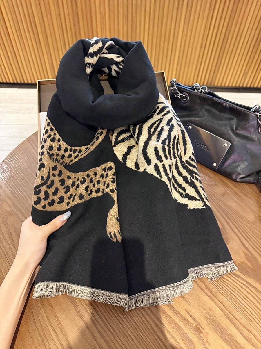 1pc Leopard Print Black Scarf For Women, Winter Warm Versatile Shawl, Dual-Use Air-Conditioned Room Office Cape, Long Thick Neck Warmer - Black - View 1