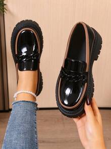 Women's Chunky Heel Loafers With Thick Sole, Chunky Heel Fluted Sole Loafers, Slip-On Round Toe - Black - View 1