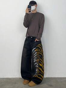 Justice Brother 1pc American Street Style Dual-Tone Embroidered Men's Denim Jeans, Design-Driven Loose Wide-Leg Long Pants For All Seasons (Belt/Accessories Not Included) - Black - View 4