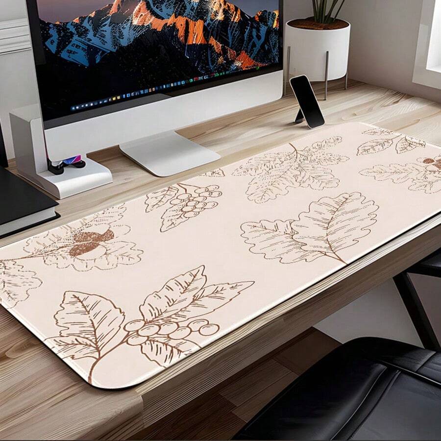 Large Extended Brown Line Leaf Pattern Gaming Mouse Pad, Non-Slip Rubber Base, Stitched Edge Design, Keyboard & Mouse Pad, Suitable For Office, Home, Gaming, Study, Perfect Gift For Friends, Teens, Gamers - View 1