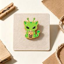 Cartoon Alien Cat Enamel Pin, Green Space Kitty Metal Brooches, Cute Lapel Badges For Jackets Backpack Hat, Novelty Halloween Jewelry Gift For Fiends - Green - View 10