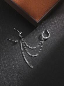Tkool Niche Design One-Piece Chain Earrings With Rhinestone Hoop And Double-Layer Long & Short Chain To Flatter Face Shape - Silver - View 5