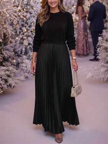 Plus Size Casual Solid Color Long Sleeve Knit Patchwork Pleated Dress,Elegant Dresses,Black Dress,Office Outfits,Work Wear,Pleated Skirt,Concert Outfit,Church Dress,Wedding Guest Dress,Party Dress - Black - View 12